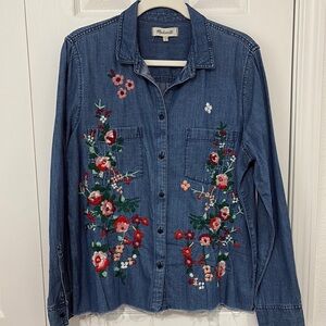 Madewell Blue Denim Shirt with Floral Embroidery